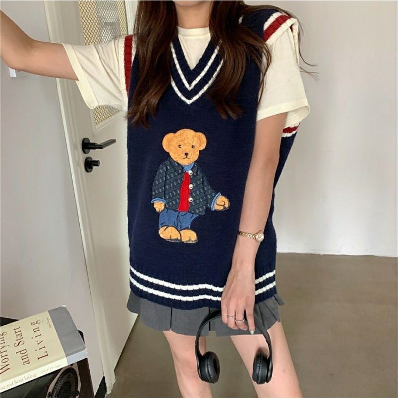 IMPORT WINTER WOMAN KNIT VEST TEDDY BEAR KOREAN STYLE ROMPI RAJUT WANITA MUSIM DINGIN IMPOR