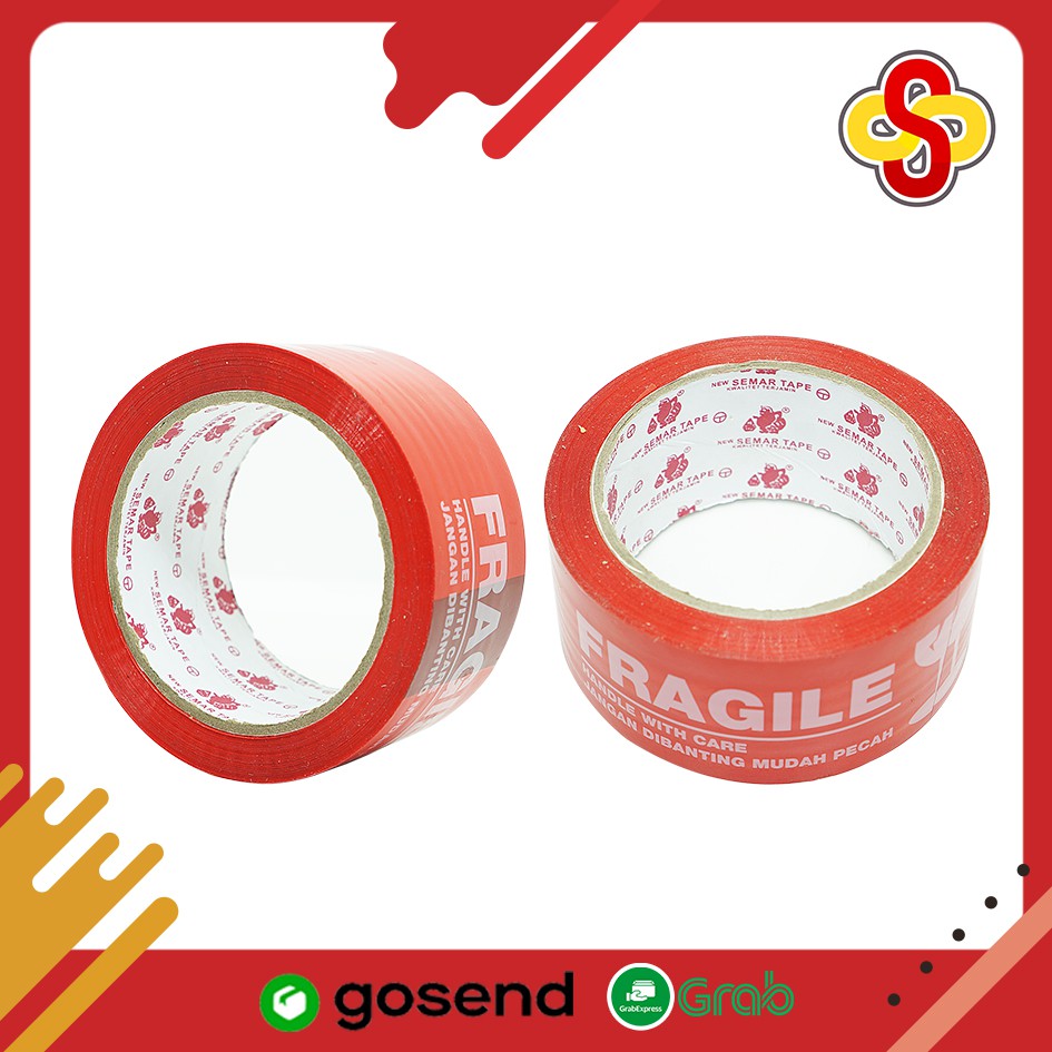 Lakban Semar Fragile Merah &amp; Putih - 2 inch / 48 mm x 90 yard