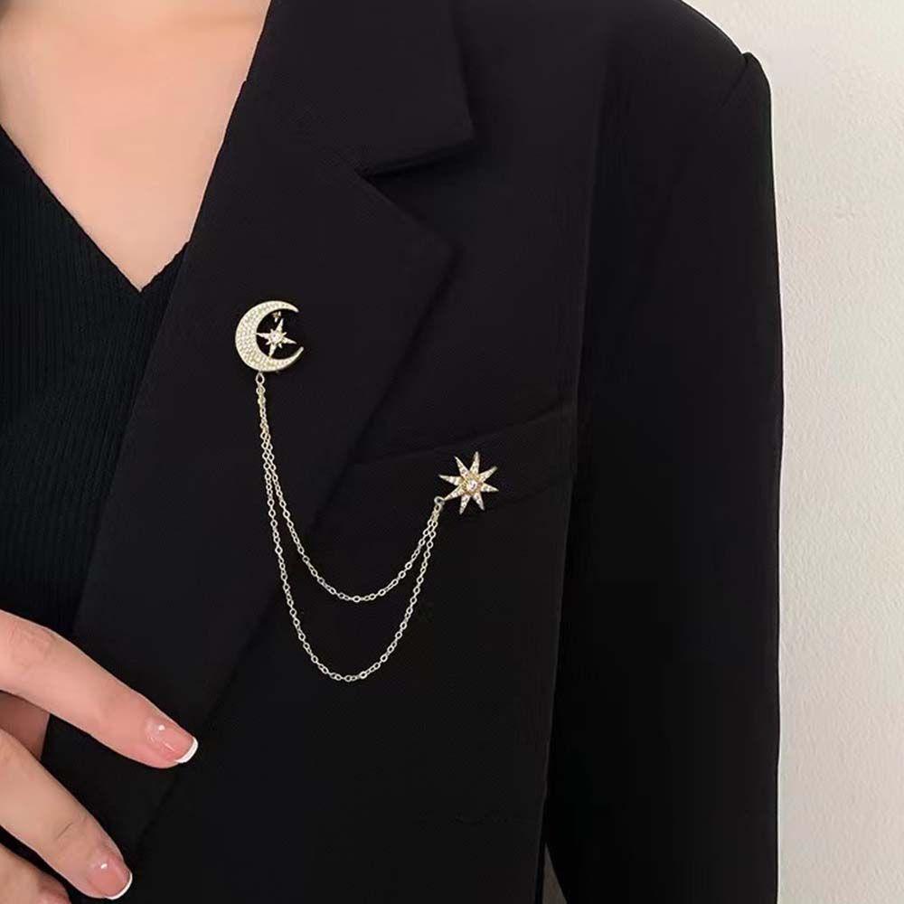 Mxbeauty Bros Bulan Bintang Elegan Warna Perak Romantis Jas Baju Bros Warna Emas Rumbai Rantai Berlian Imitasi Star Moon Chain Brooch Pin