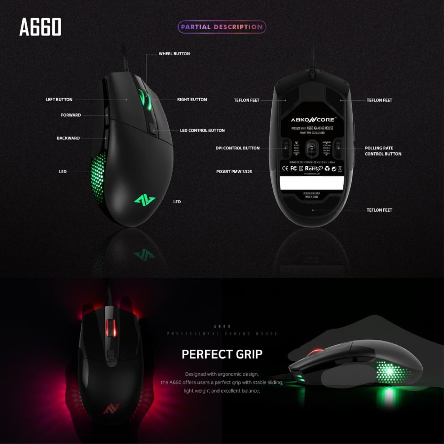 Mouse ABKONCORE A660 - USB RGB Gaming Mouse AbKoncore A-660 10.000Dpi