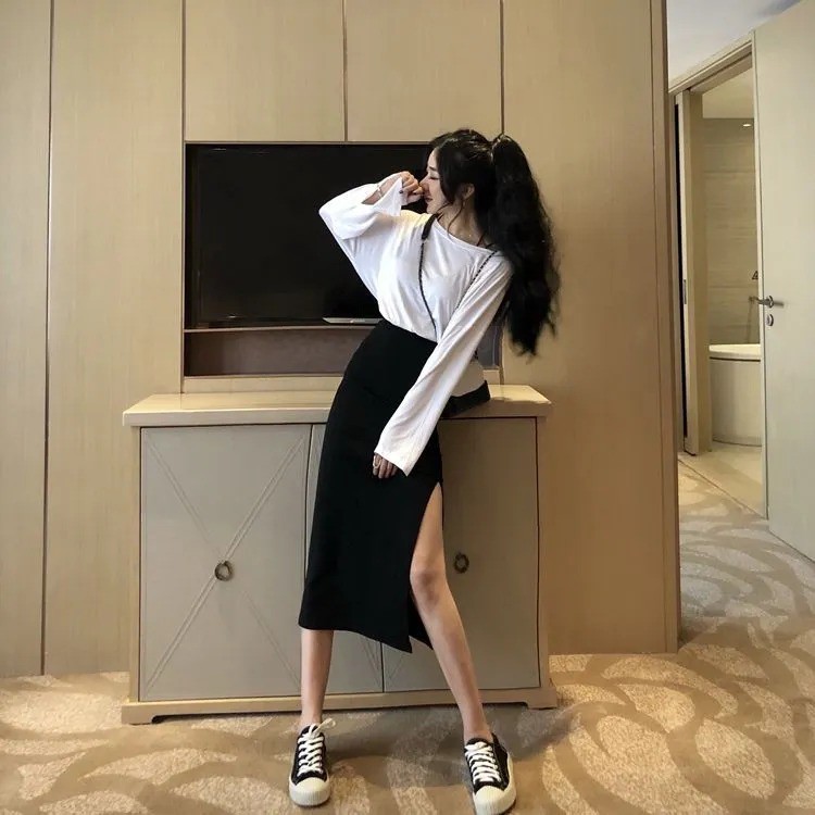 Korean Midi Skirt Plain Split Rok Belah Hitam Polos 1265 (S/M/L)-2