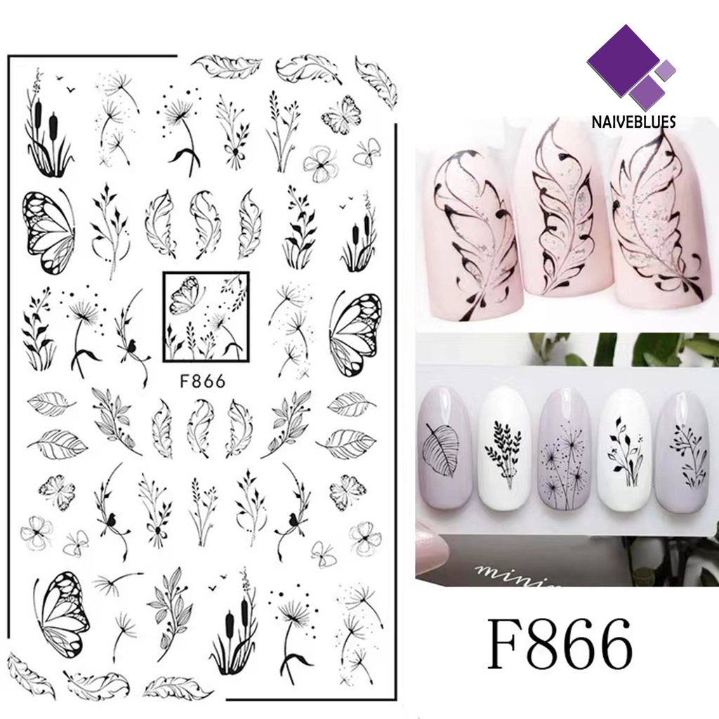 Naiveblue &gt; Stiker Kuku Motif Kupu-Kupu / Bunga Warna Hitam / Putih Untuk Nail Art / Manicure DIY Butterfly