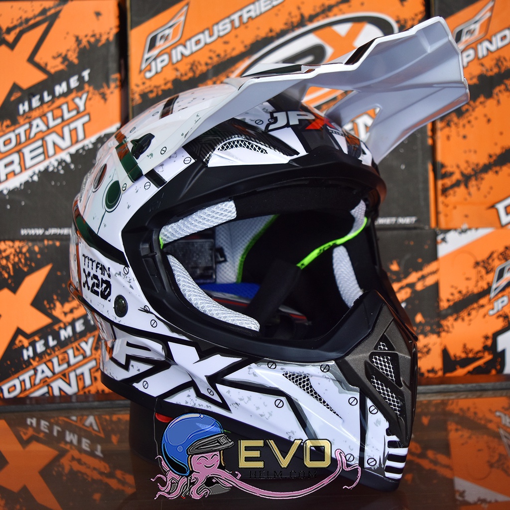 HELM JPX CROSS_FOX1 SERI X20 - PEARL WHITE GLOSS + GOOGLE SNAIL (ONGKIR 2 KG) HELM JPX X20 TITAN JPX CROSS MOTIF TITAN JPX X20 WHITE HELM JPX TERBARU