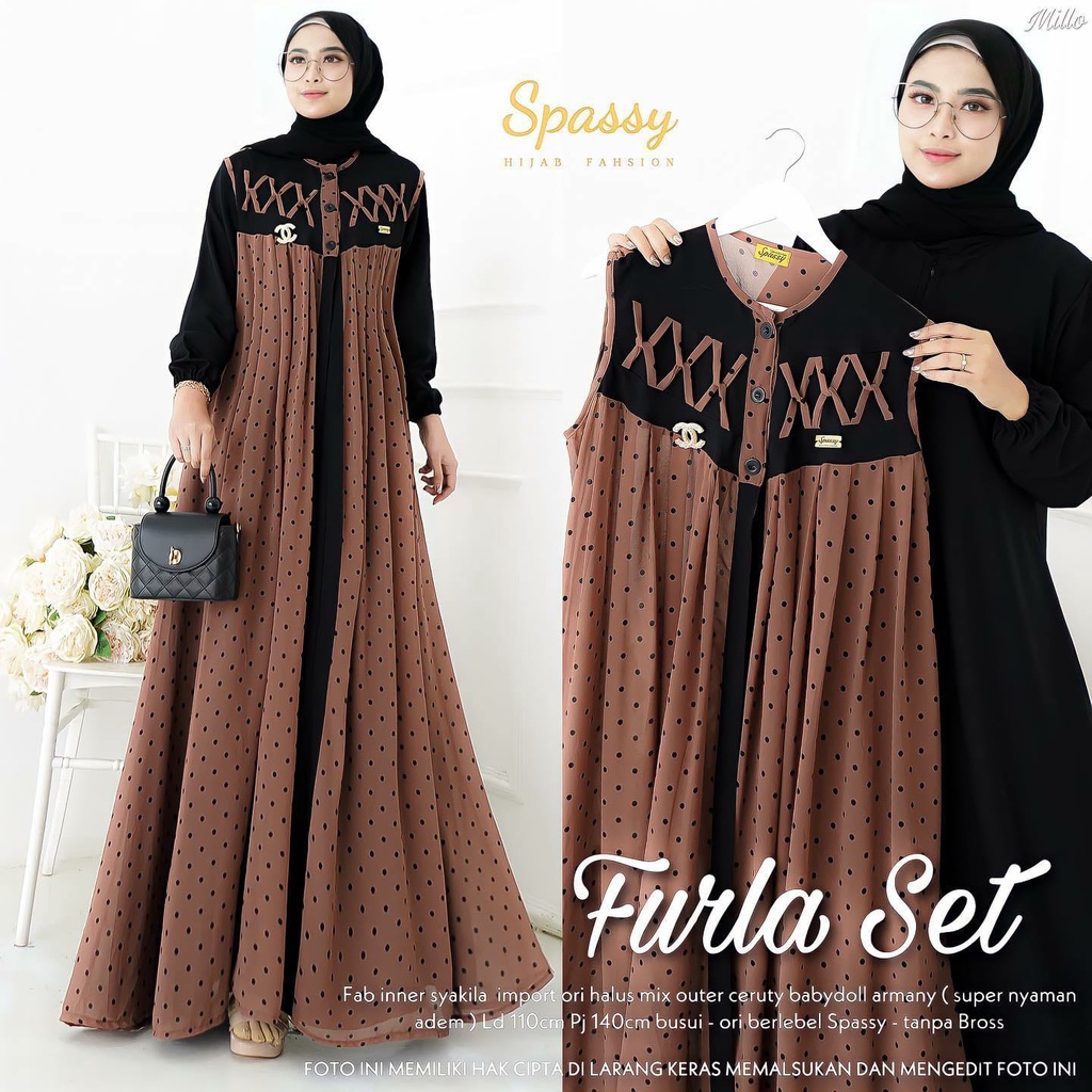 Gamis Terbaru 2022 Furla set 2 in 1 + Outher Busui Friendly dan Wudhu Friendly