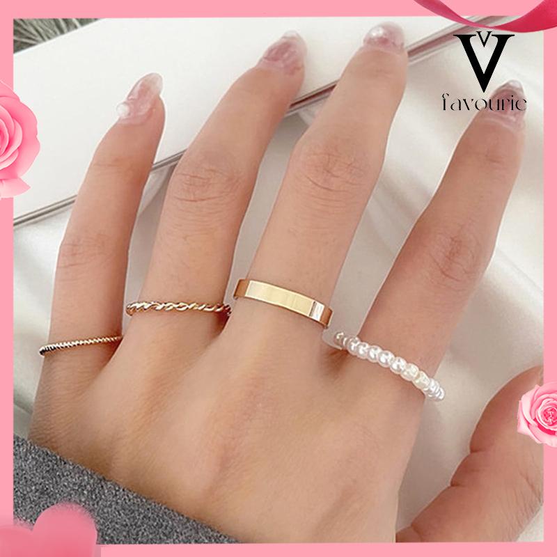 [COD]Korea Wanita Mutiara Cincin Wanita Emas Cincin Logam Set Fashion Perhiasan Aksesoris-FA