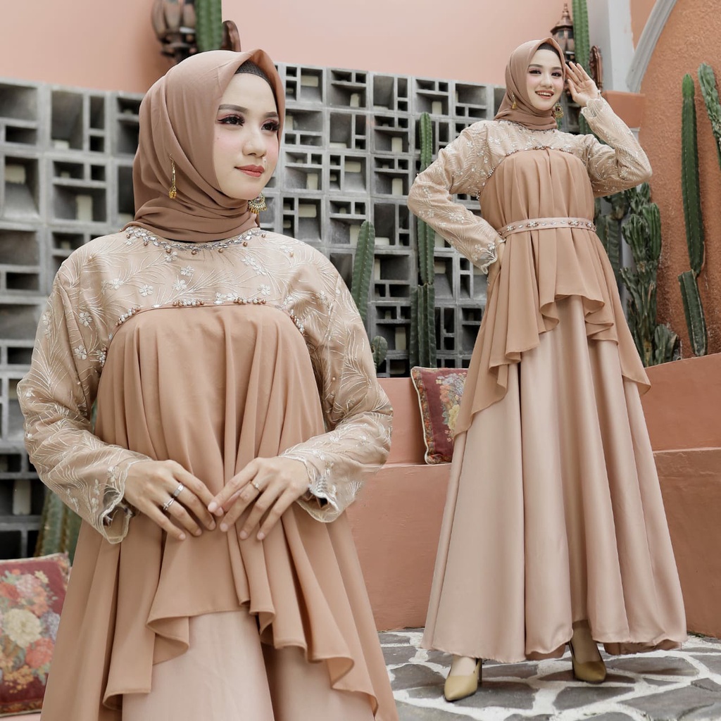 HOPYLOVY - Maxi Dress Gamis Mix Brukat Mutiara Trendy Selomita