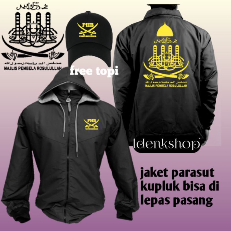 jaket parasut hitam  PHB majlis pembela rosulullah pecinta habib bahar free topi,