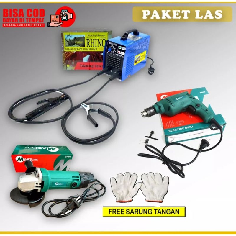 MESIN LAS RHINO 450 WATT DAN MESIN BOR 10MM MAILTANK GERINDA TANGAN 4INCH BY MAILTANK