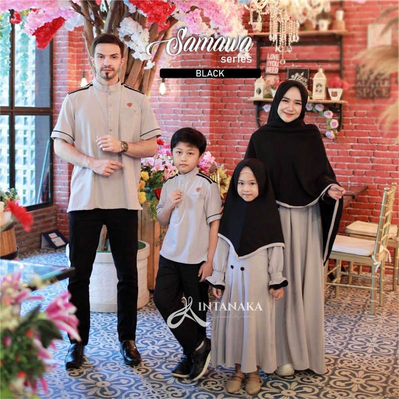 INTANAKA Samawa Series Hitam Gamis Sarimbit Keluarga Couple Ayah Ibu Anak set Syari Polos Khimar Niq