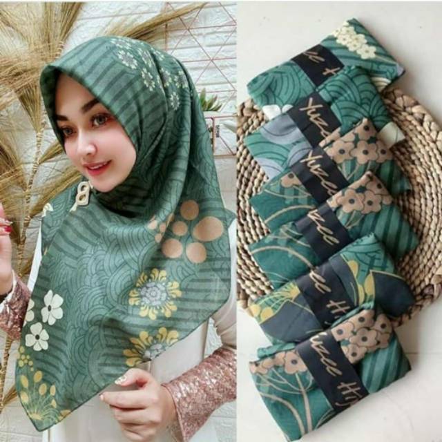 HIJAB SEGI EMPAT DENAY KW MOTIF CINTYA HIJAU KERUDUNG JILBAB TERBARU