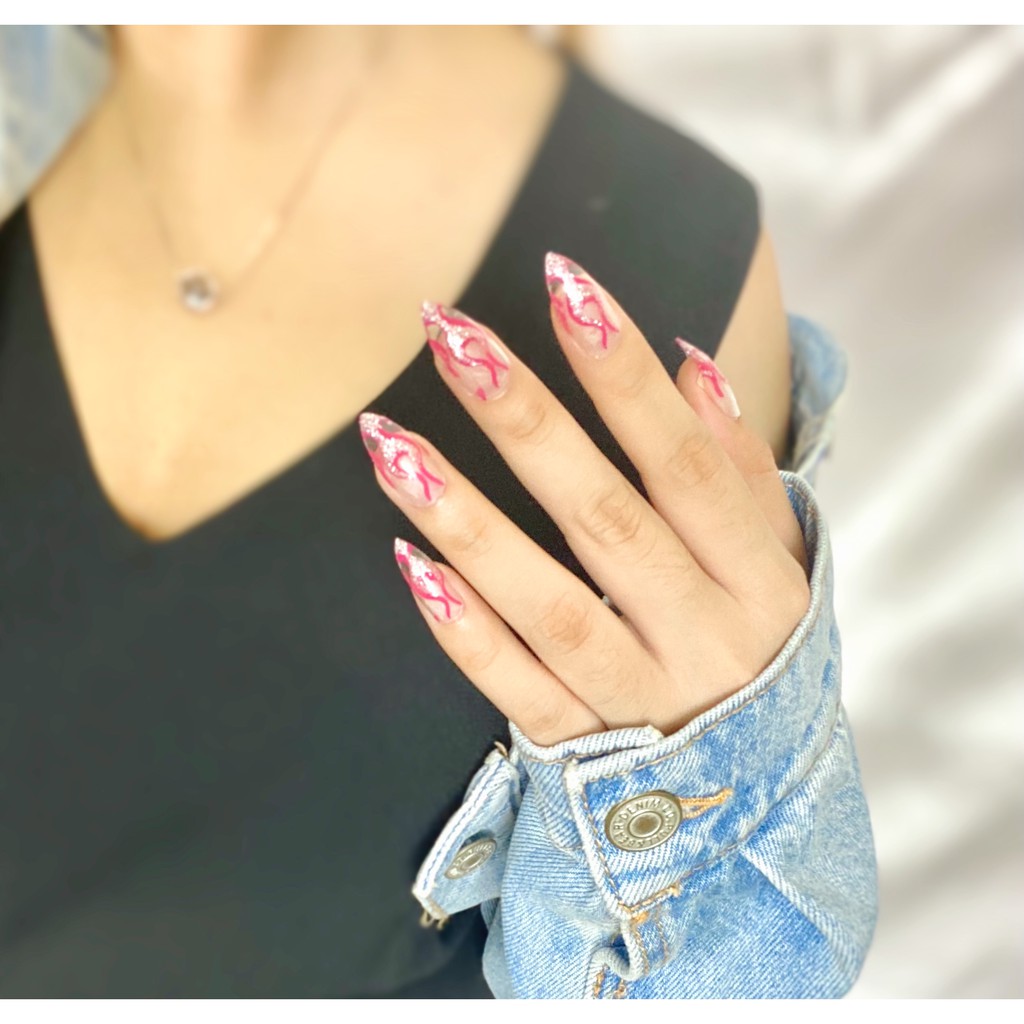 24 pcs kuku palsu + lem set / fake nails tahan air motif api pink blink panjang natural with glue