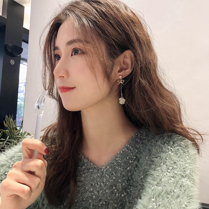 Korea Bow Anting Panjang Anting Mutiara Dan Berlian