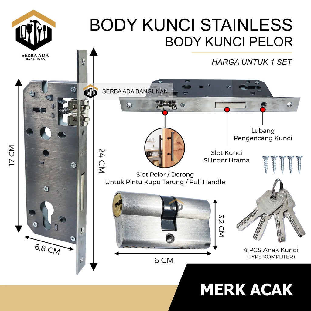 BODY KUNCI LIDAH FULLBACK PINTU BESAR + SILINDER SET (KOMPLIT LANGSUNG PASANG) - HIGH QUALITY