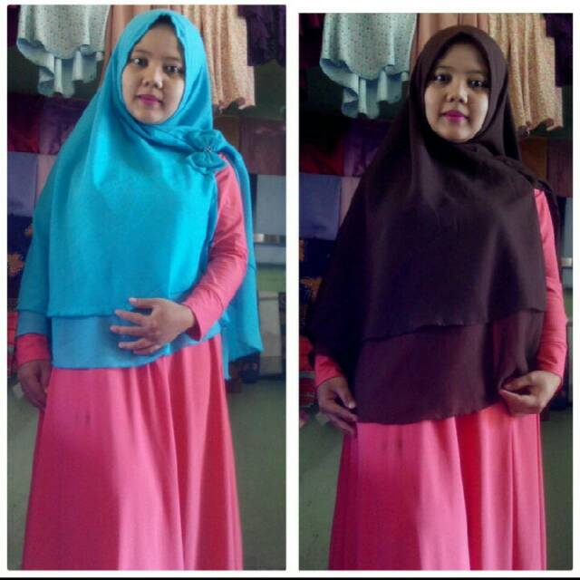 Khimar jumbo 2 layer biru coklat tua