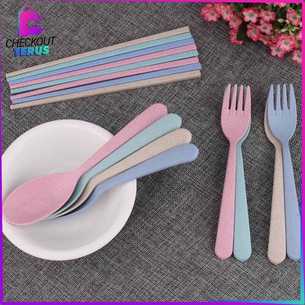 CT C176 Sendok Garpu Sumpit 3in1 Bahan Jerami Gandum Perlengkapan Makan Set Korea Impor Travel Cutlery Set