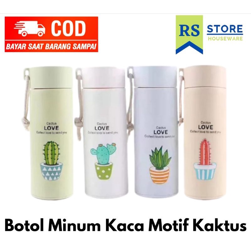 botol minum kaca kaktus 350ml unik kekinian transparan murah/tempat air minum sekolah pink polos min