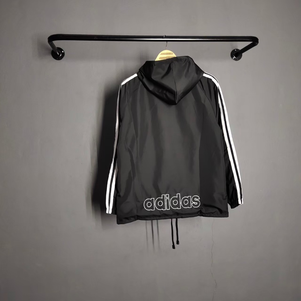 COD Jaket Pria Parasut Adidas Windbreaker Hitam List Putih XL XXL - Jaket Parasut Jumbo - Jaket Olahraga - Trendy Pria Wanita Sauna Joging Murah Pembakar Lemak Running Pelindung Uv Essentials Hoodie Windbreaker