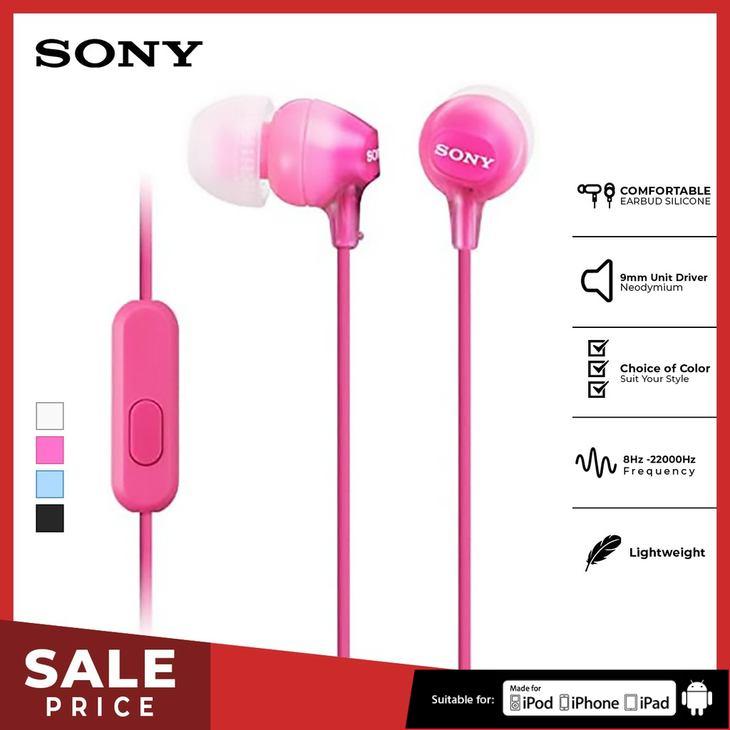 Earphone Sony MDR-EX15AP Handsfree In-ear With Microphone - Pink SONY Earphone Headset Headphone Original