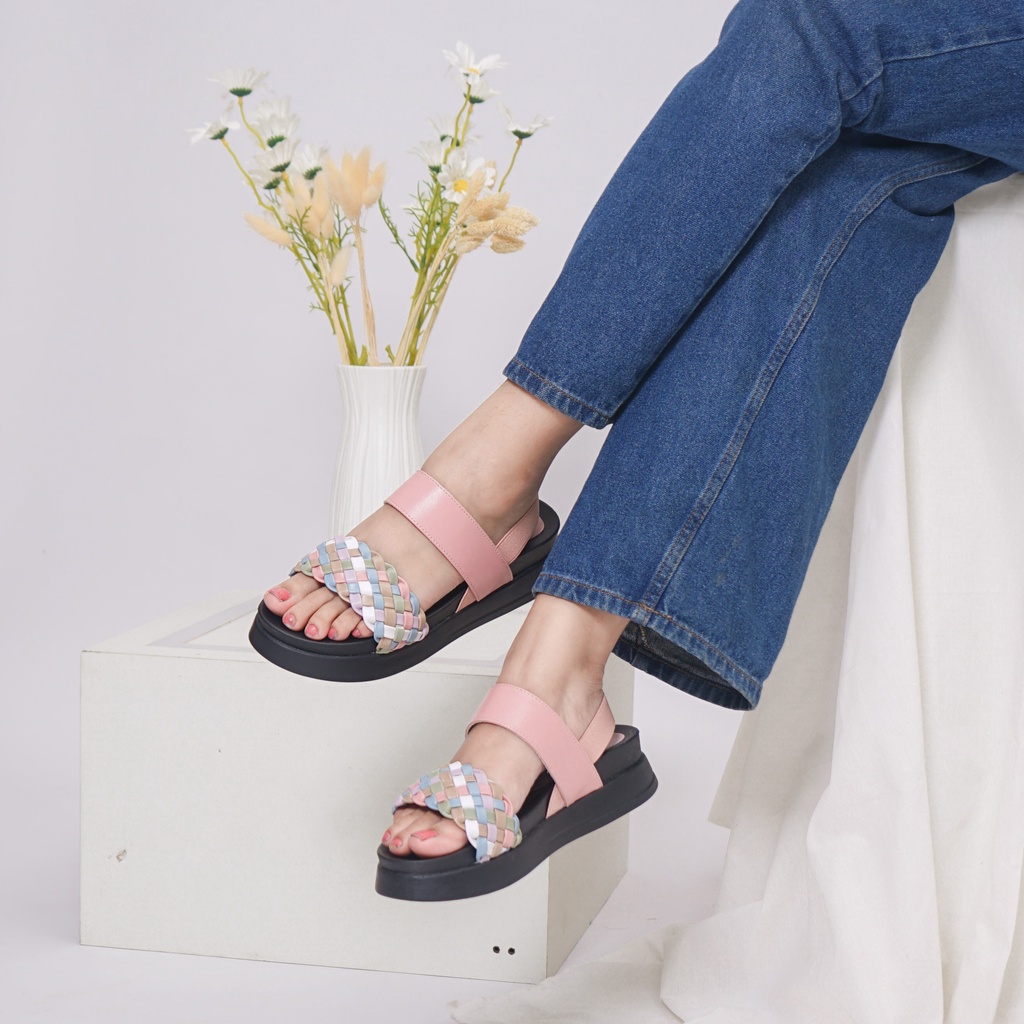 SARA SARA LOREE Sendal wedges Wanita Model Double Strap Sepatu Sandal cewek motif anyaman warna warni Kekinian