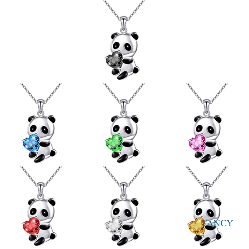 Kalung Rantai Liontin Panda Hati Aksen Berlian Warna Silver Untuk Aksesoris Sweater