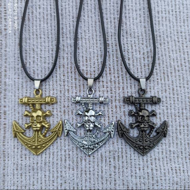 Kalung Tali Liontin Jangkar MARINE Tengkorak GAUL METAL Fashion pria Wanita Gold Silver Black