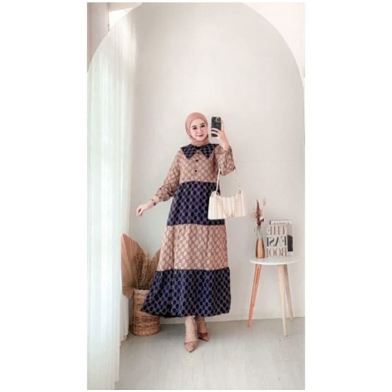 Midi Dress Muslim Wanita Motif Gucci Bahan Rayon Premium Gamis Susun