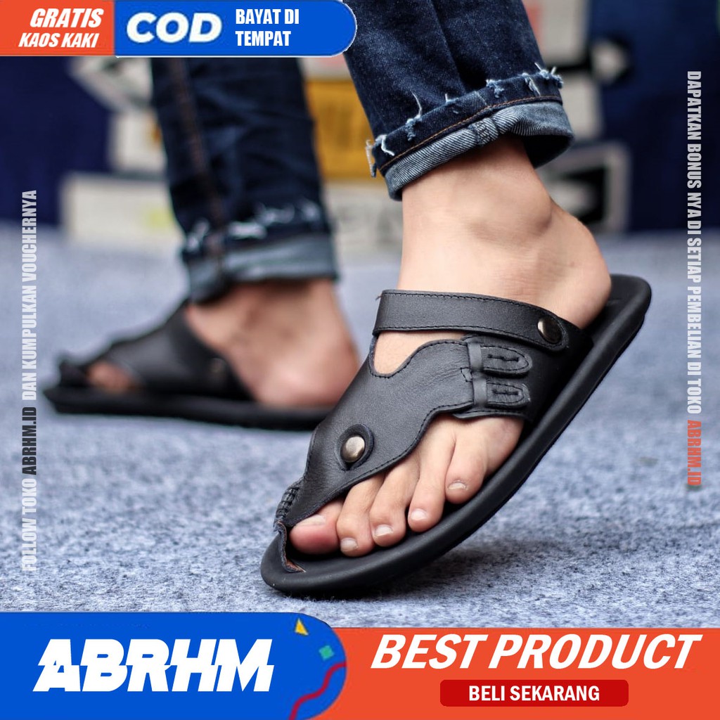 ABRHM x LUCKY Sandal Jepit Pria Sandal Pria Kulit Asli Sendal Jepit Cowok / Cowo Keren Ori Kekinian