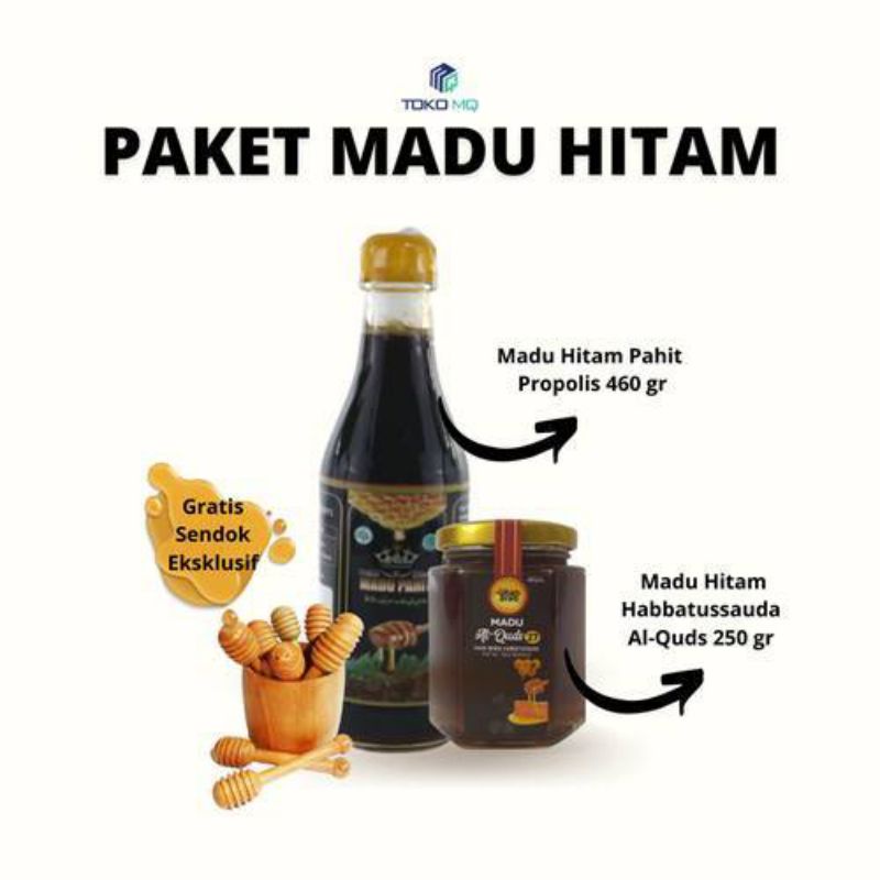 

Madu Hitam Pahit/Madu Propolis Khoirusyifa 450 gr+ MADU Hitam Bunga Habbatusauda AL-QUDS 250 gr