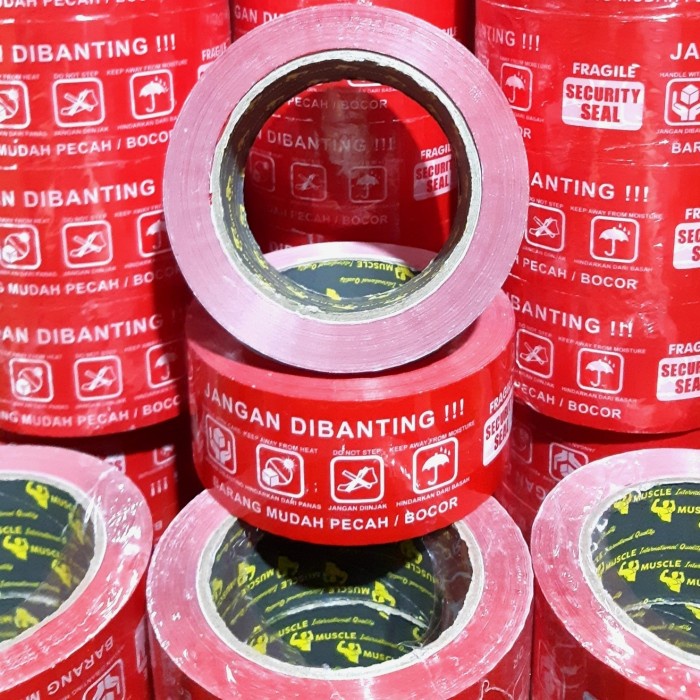 

PEREKAT-PENGIKAT- LAKBAN FRAGILE MERAH 48MM×100MTR FULL JANGAN DI BANTING! BEST QUALITY -PENGIKAT-