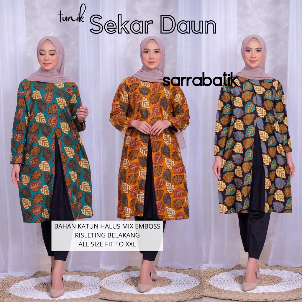 Tunik Sekar Daun Batik Pias Emboss Modern Midi Muslim Kantor Kerja Kondangan Pesta Warna