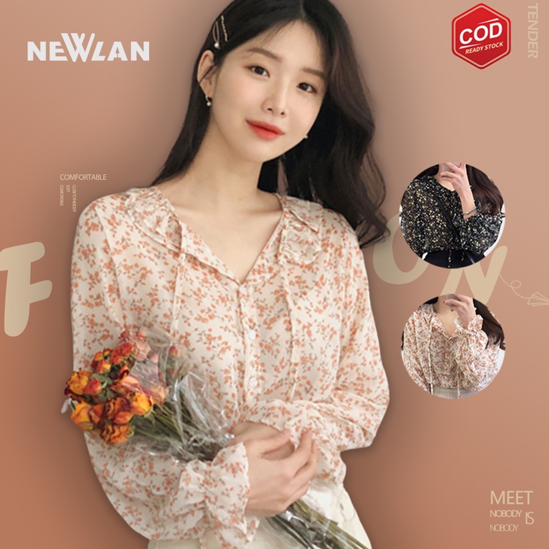 Newlan XF008 Kemeja Sifon Blouse Wanita Korea Blouse Sifon Lengan Panjang Blus Wanita Musim Panas Ca