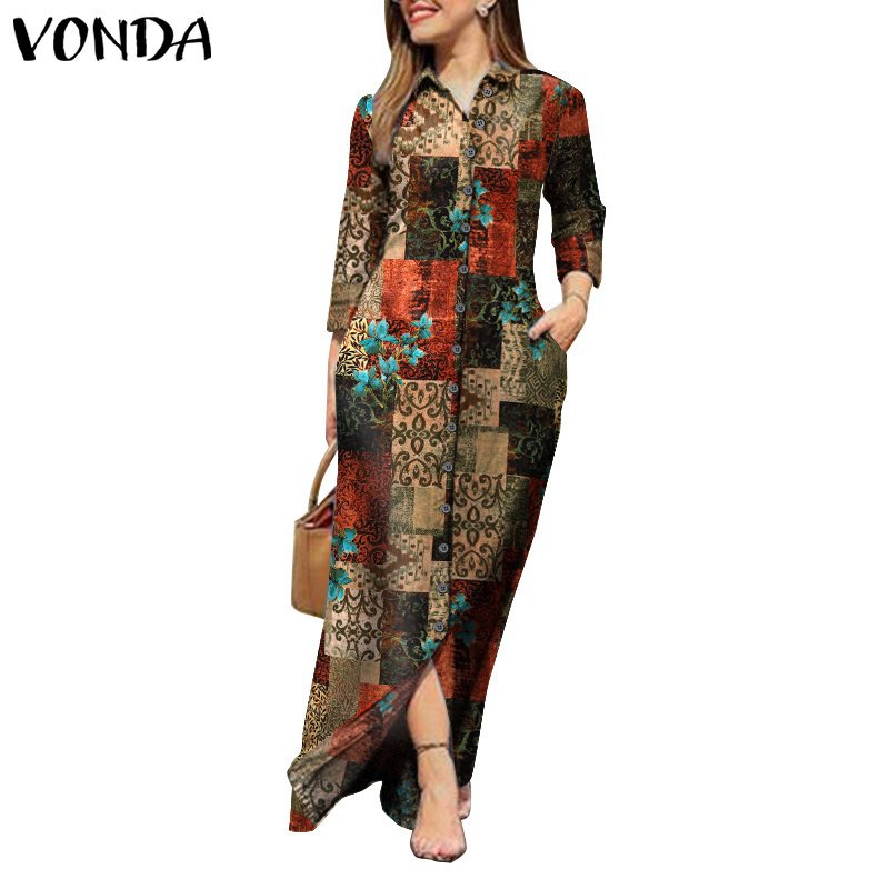 Vonda Women Casual Long Sleeve Bohemian Vintage Printed Lapel Collar Button Down Long Dress