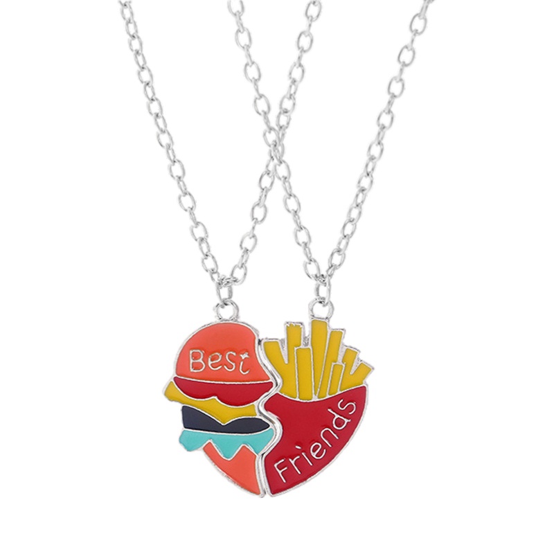 2pcs / Set Kalung Dengan Liontin Bentuk Hati Desain Burger Dan Kentang Goreng