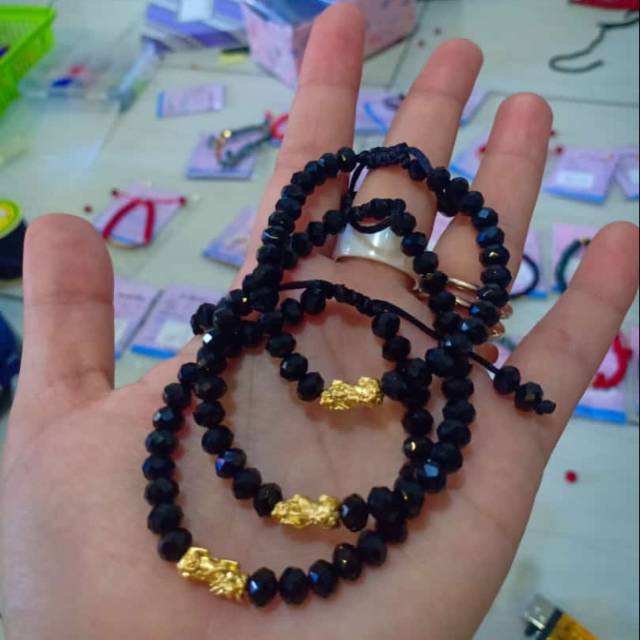 Gelang mute hitam ,merah & biru  cina emas hongkong asli naga pixiu 24 karat