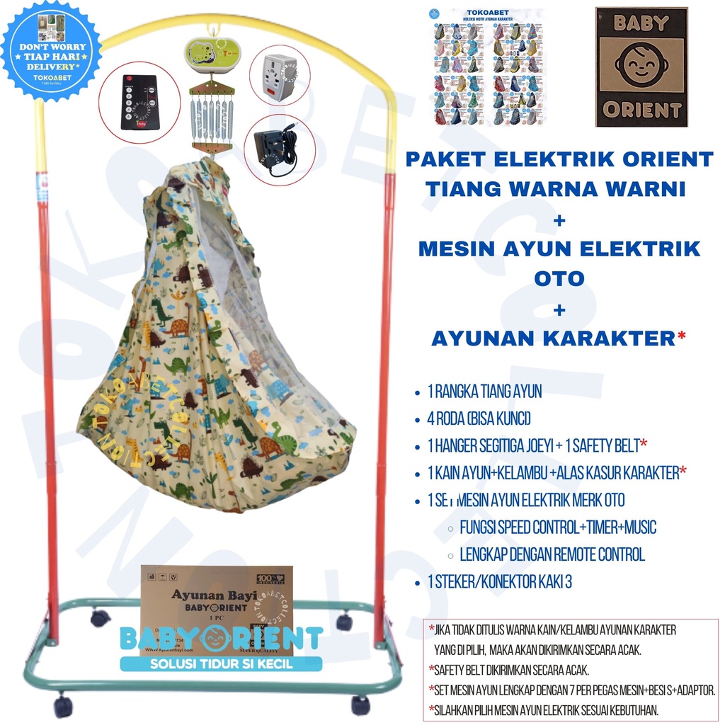 PAKET AYUNAN ELEKTRIK Tiang ORIENT WARNA Lengkap Mesin Ayun OTO Varians dengan AYUNAN KARAKTER sebagai Perlengkapan Tidur Bayi sesuai Kebutuhan Baby TOKOABET