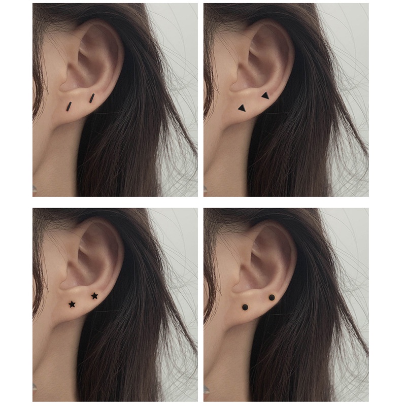4 Pasang / set Anting Tusuk Motif Geometri Simple Warna Hitam Untuk Pria / Wanita