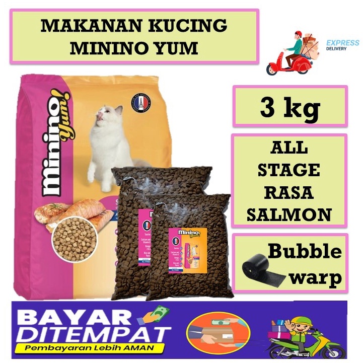 Makanan Kucing MININO YUMS SALMON kemasan 3Kg Untuk Kitten & Adult Rasa Salmon