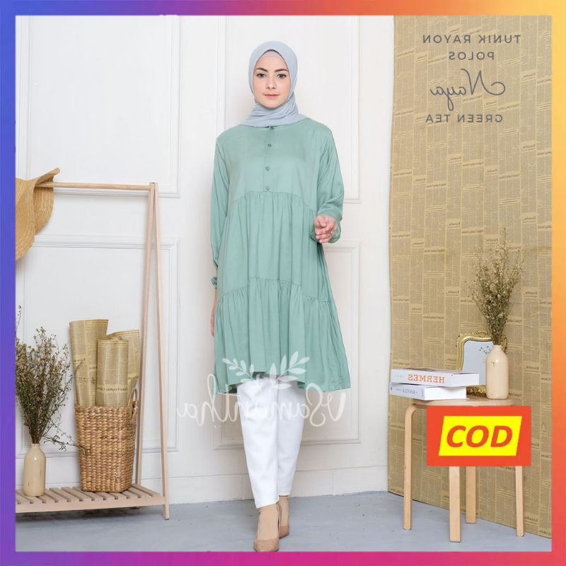 Raszi Official Tunik Muslim Polos Rempel Lengan Panjang Motif Bahan Rayon Premium Warna Greentea