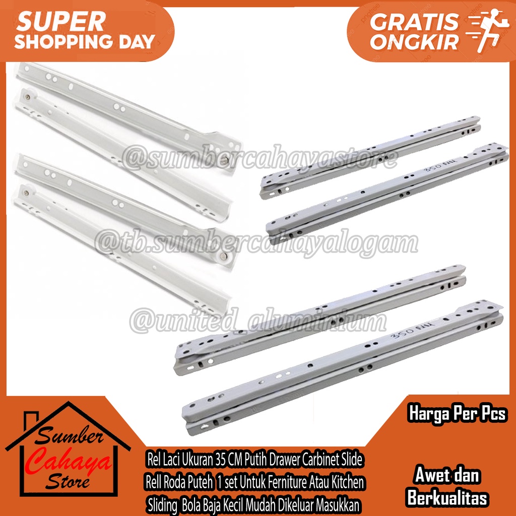 Huben Rel Laci Ukuran 35 CM Putih Drawer Carbinet Slide Rell Roda Singel Track Puteh 1 set Untuk Fer