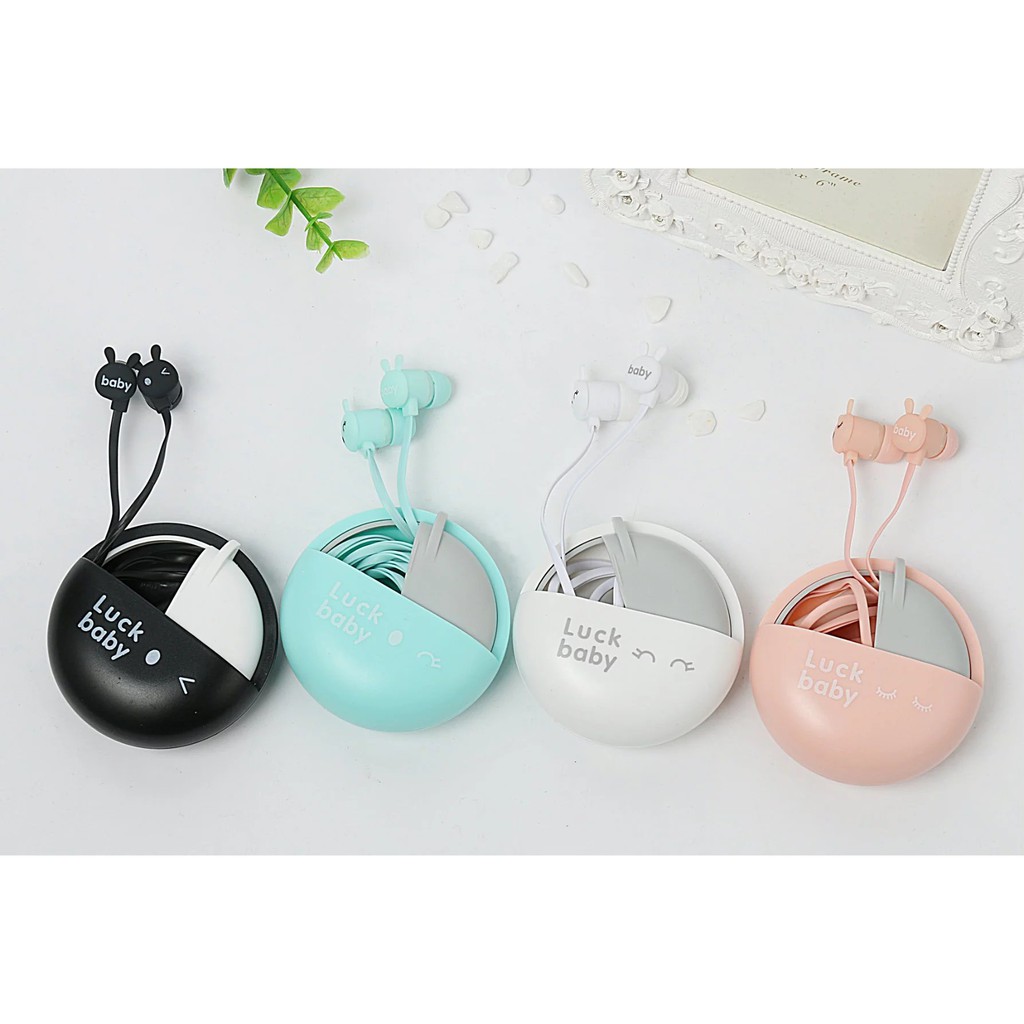 Headset karakter Unik dengan pouch clean and deep bass Luck Baby
