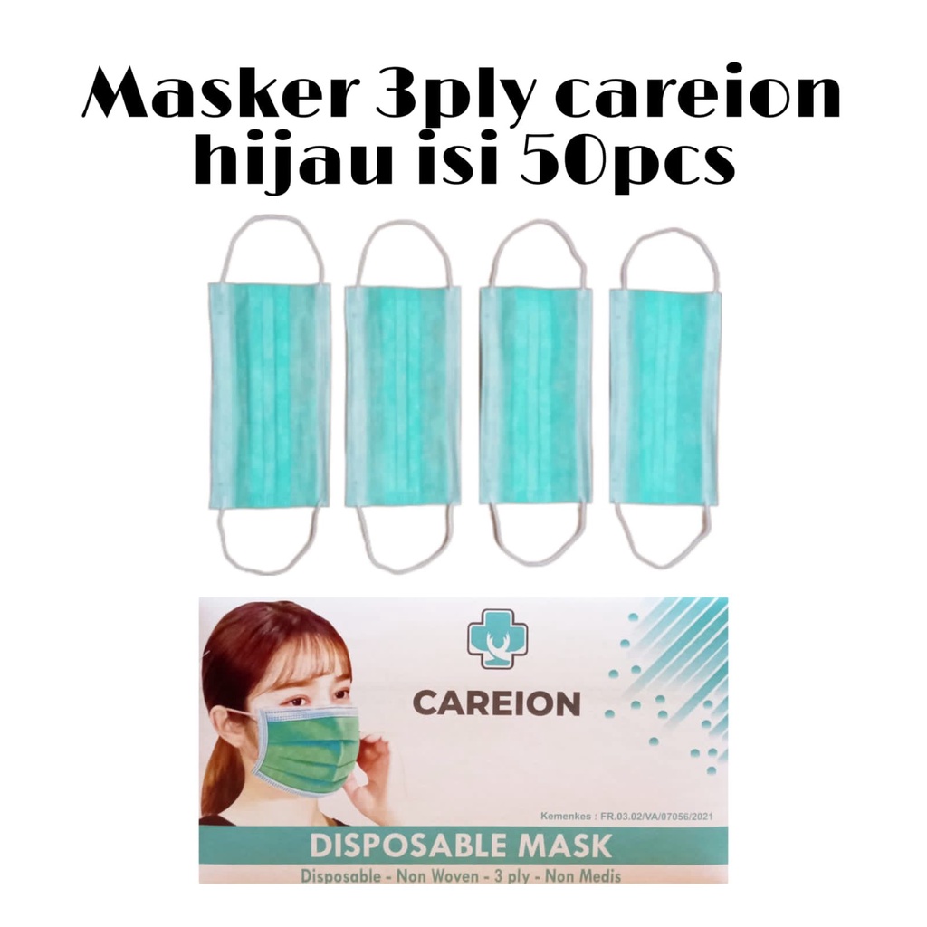 MASKER 3PLY CAREION DISPOSABLE FACE MASK / MASKER 3 PLY / MASKER  PUTIH / HIJAU / BIRU/HITAM - 50PC