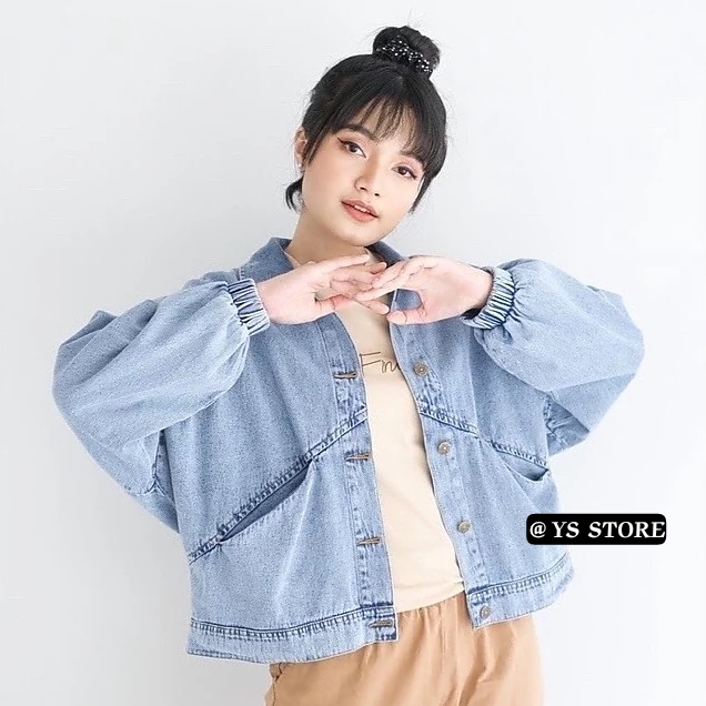 New - Jaket Jeans Wanita Model Lengan karet - Bahan Jeans Premium