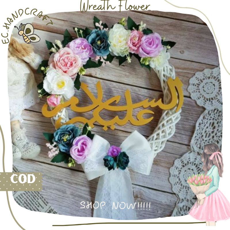 Hiasan Dinding Hiasan Pintu Wrearth Flower Rotan Tulisan Bismillah Homedecor