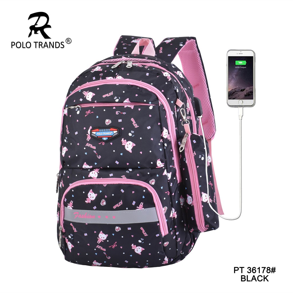 Polo Trands Tas Sekolah Anak Perempuan Gratis Pouch 36177 & 36178 Tas Anak-36178 Black