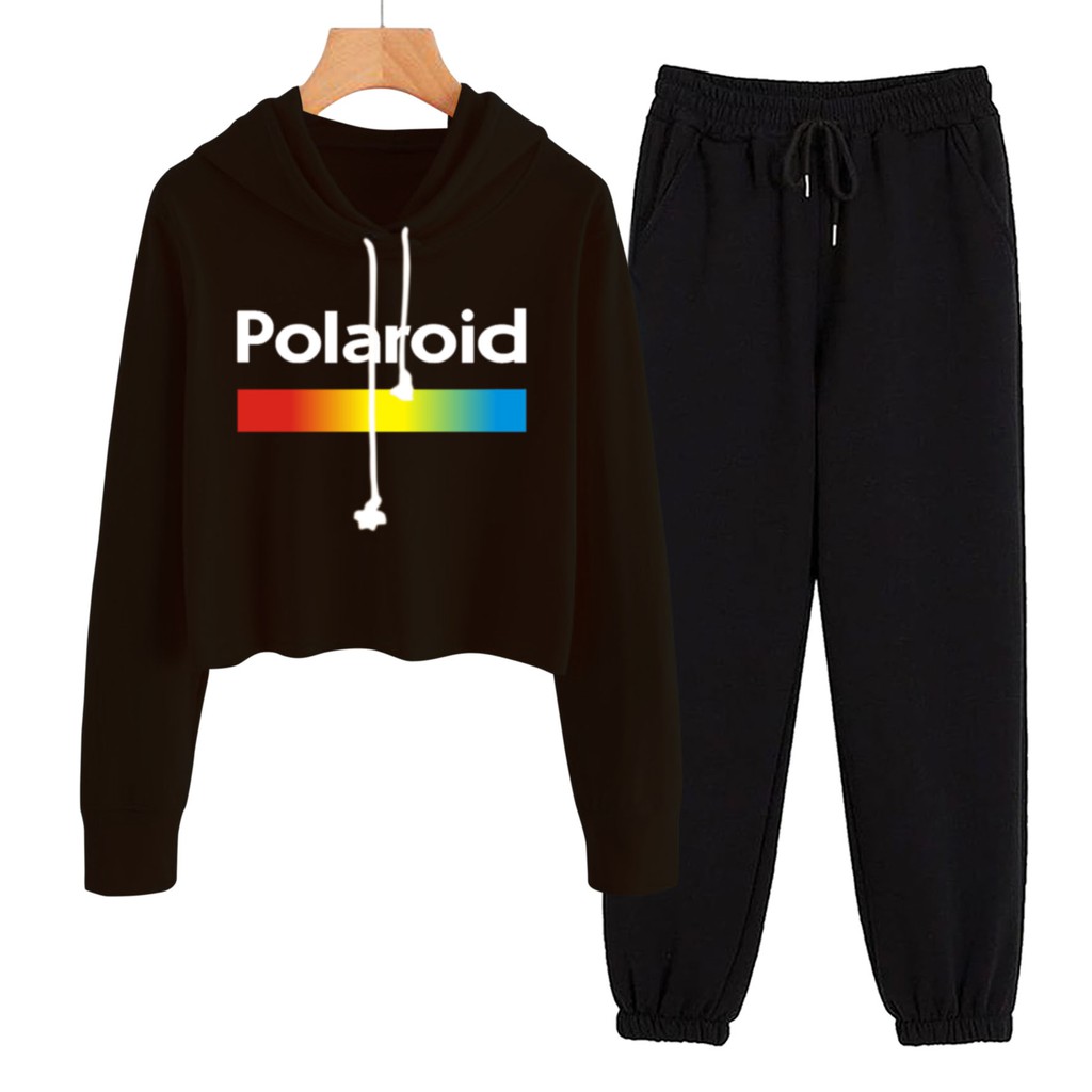 BESS - Baju Setelan Wanita Murah / Setelan Hoodie Crop + Jogger Hitam - POLAROID