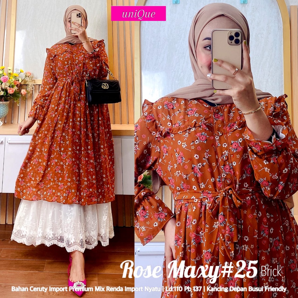 Unique Rose Gamis Maxy Wanita Muslim Terbaru Bahan Ceruty Import Premium