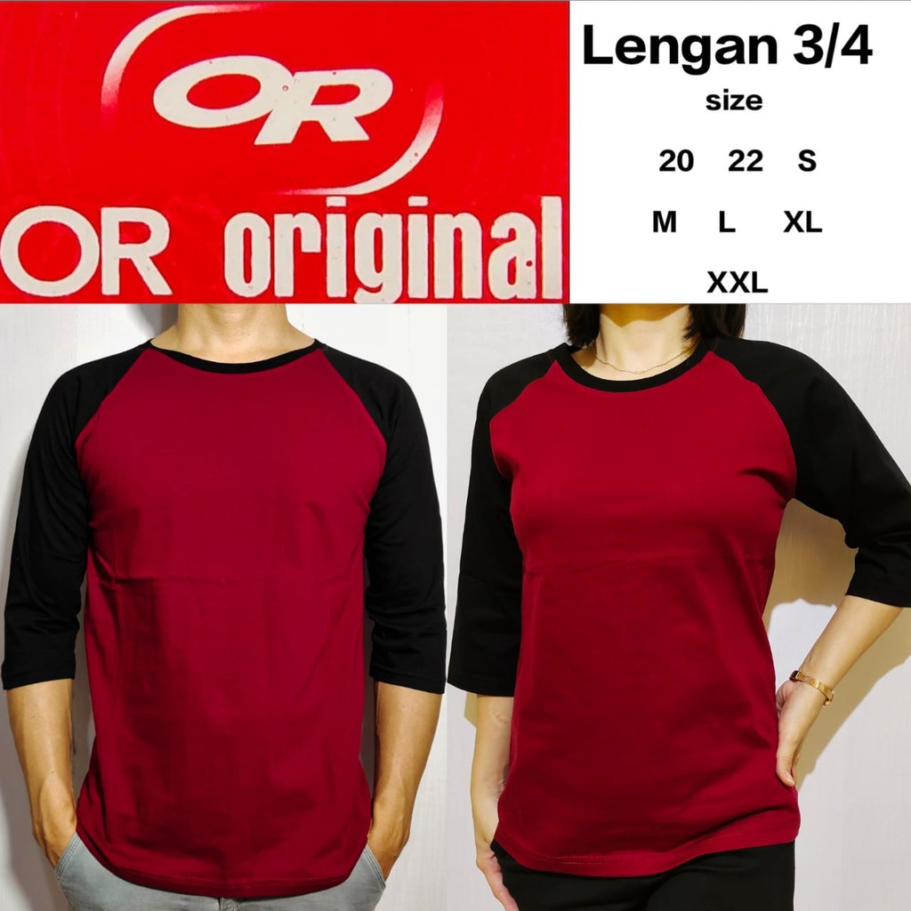 kaos polos raglan merah maron lengan hitam 3/4 20 22 S M L XL XXL