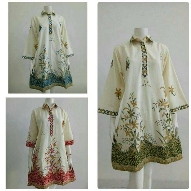 Tunik cibulan bunga akar white series.LD 105 & jumbo 120.kerah.kancing.katun primissima unggul jaya
