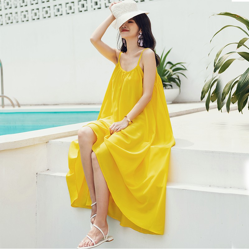  Long  Dress  Maxi Model Longgar Warna Kuning Bahan  Sifon 