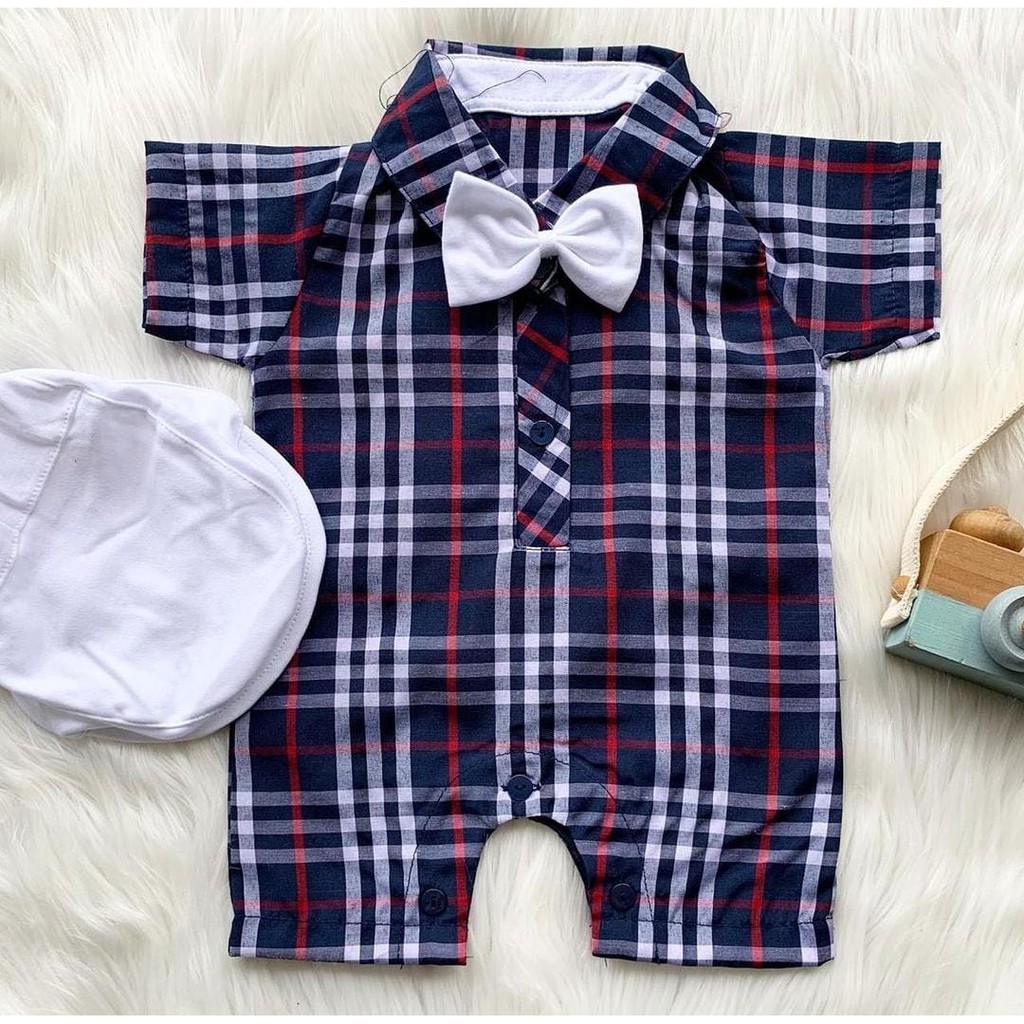 Baju setelan kemeja romper free topi dasi babyboy bayi lakilaki cowok lucu bahan lembut murah -bur